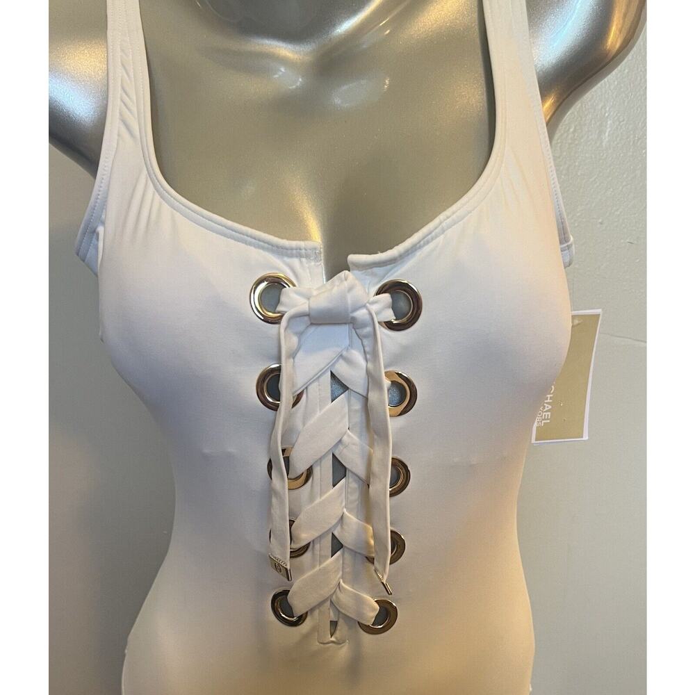 Michael Kors Womens One Piece Swimsuit Size 12 White Lace Up Gold Rivets NEW - Picture 2 of 7